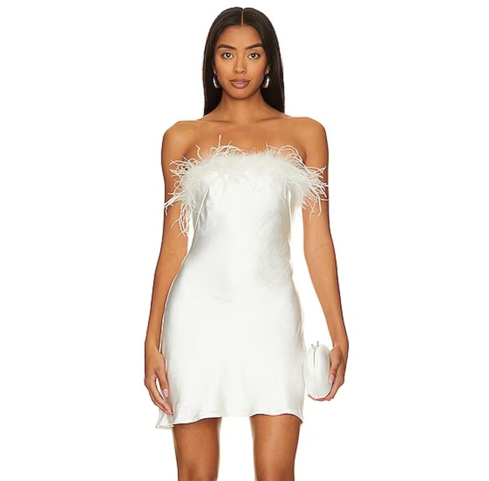 Lovers and Friends | NWT Moira Mini Dress in White Strapless Feather Trim XS